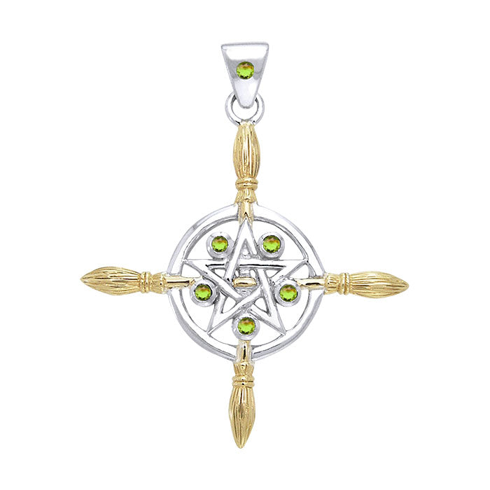 Broomstick & Pentacle silver with 18K Gold Accents Pendant MPD686