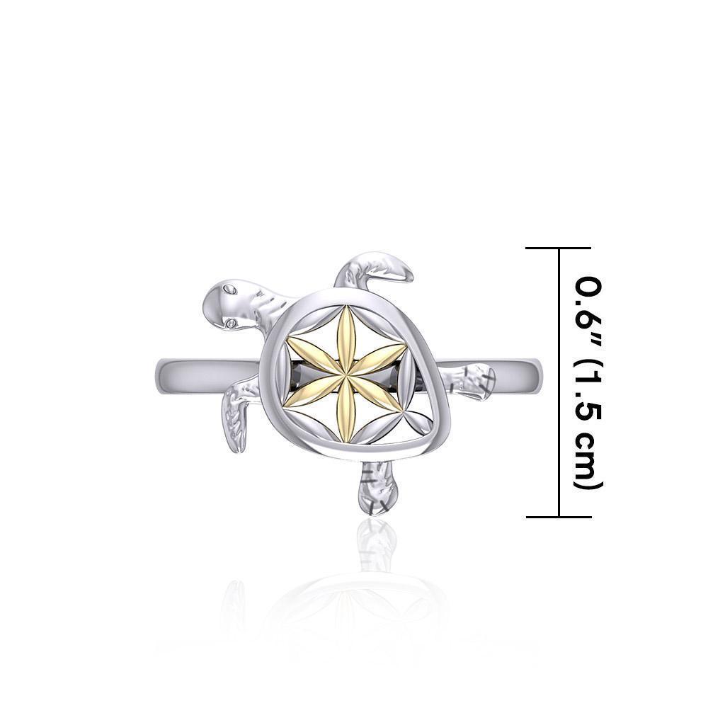 Swimming Turtle with Flower of Life Shell Silver and Gold Ring MRI1895