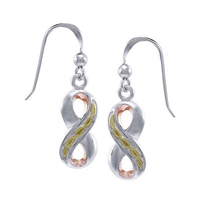 Endless connection ~ Sterling Silver Three Tone Celtic Knotwork Infinity Dangle Earrings Jewelry with 14k Gold and Pink Accents OER1108