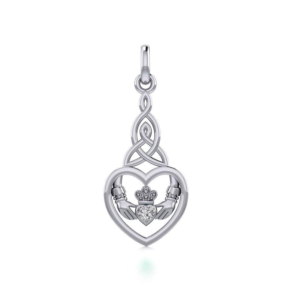 Heart Claddagh with Celtic Trinity Knot Silver Charm with Gemstone TCM667