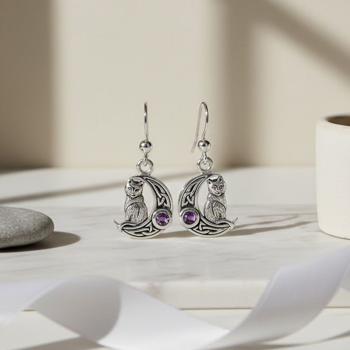 Cat with Celtic Crescent Moon Sterling Silver Plated over Solid Brass Earrings BER1595*