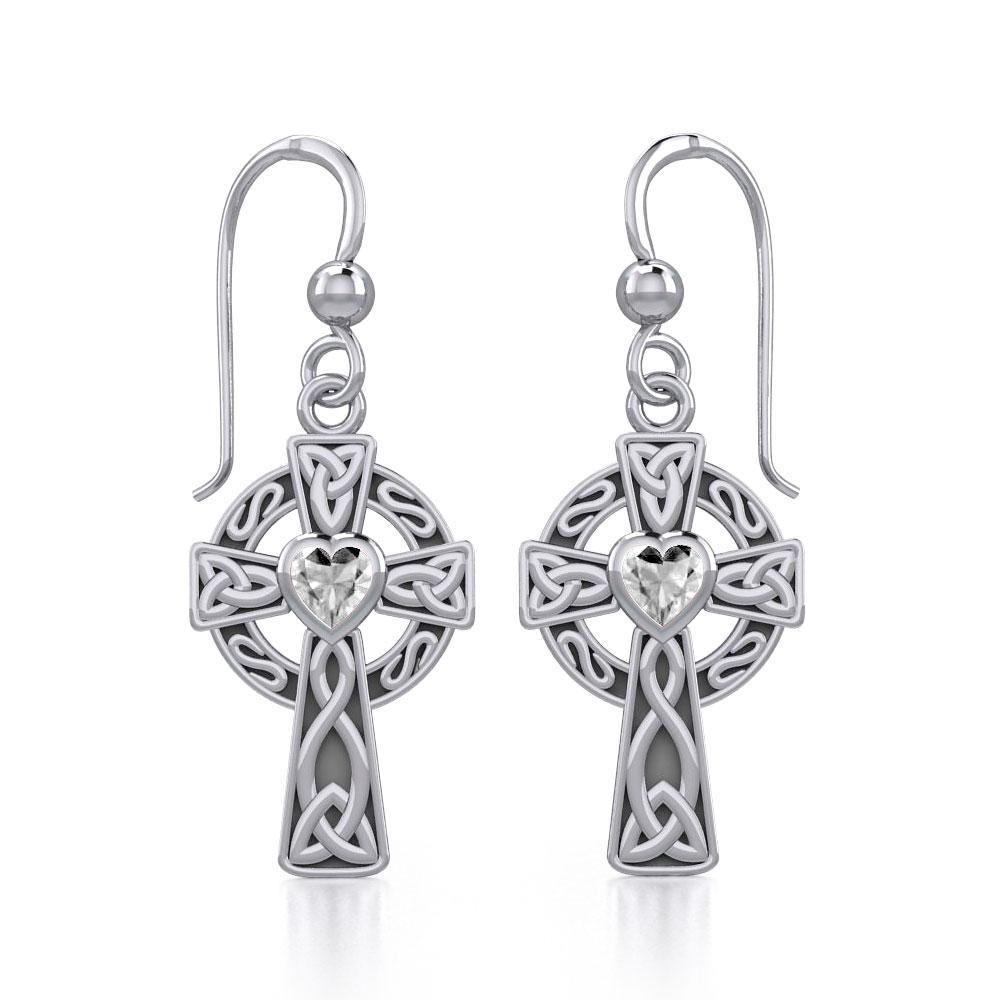 Celtic Cross Sterling Silver Earrings with Heart Gemstone TER1833