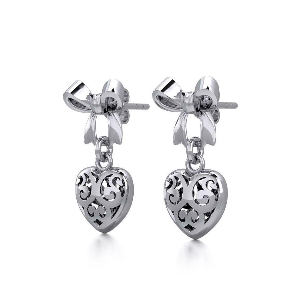 Ribbon with Dangling Filigree Heart Silver Post Earrings TER1863