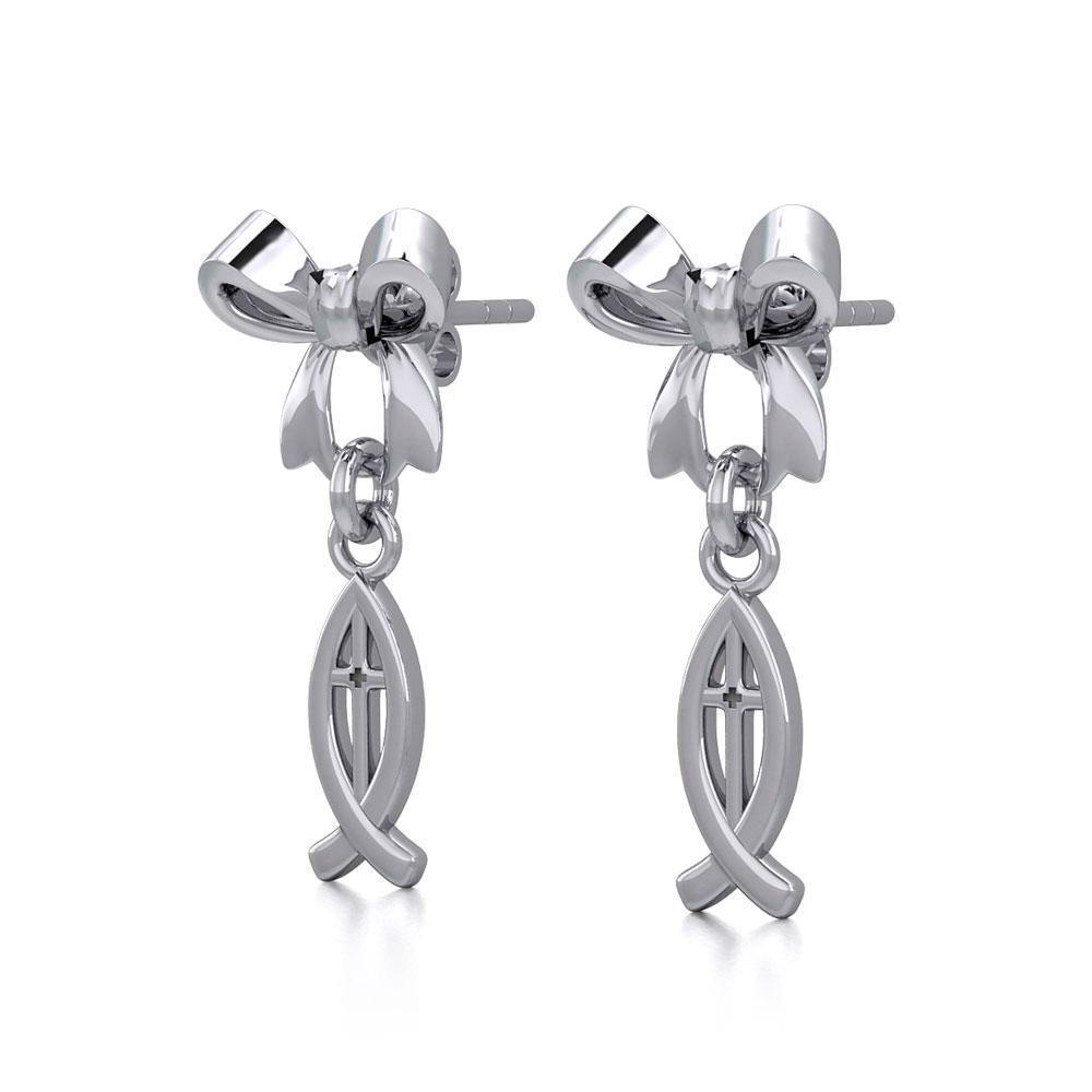 Ribbon with Dangling Christian Fish Silver Post Earrings TER1869