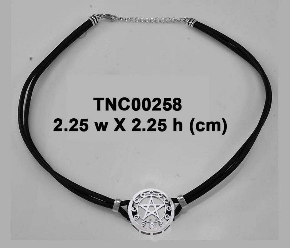 Sterling Silver Phases of the Moon Pentacle Leather Cord Necklace TNC258