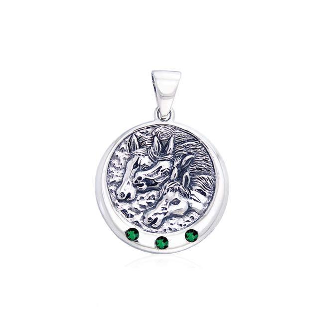 Triple Horse with Gemstone Silver Pendant TP3212