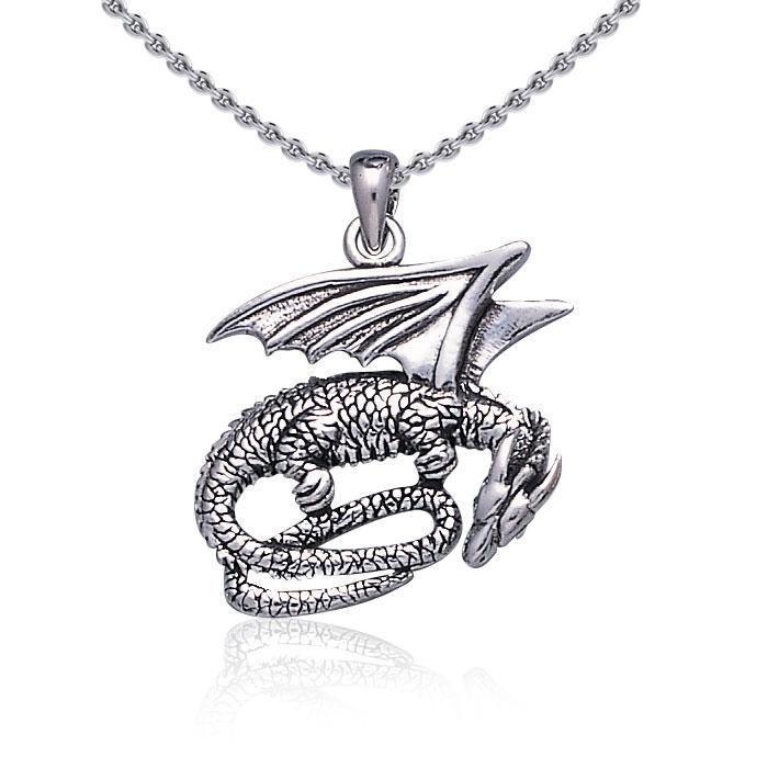 Slumbering Winged Dragon ~ Sterling Silver Jewelry Pendant TP844