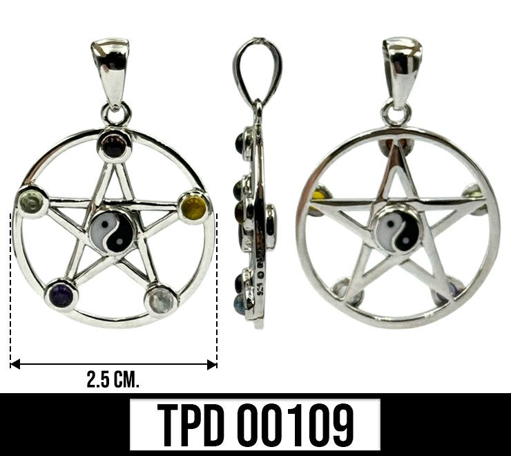 Pentacle Yin Yang Sterling Silver Pendant With Gems TPD109