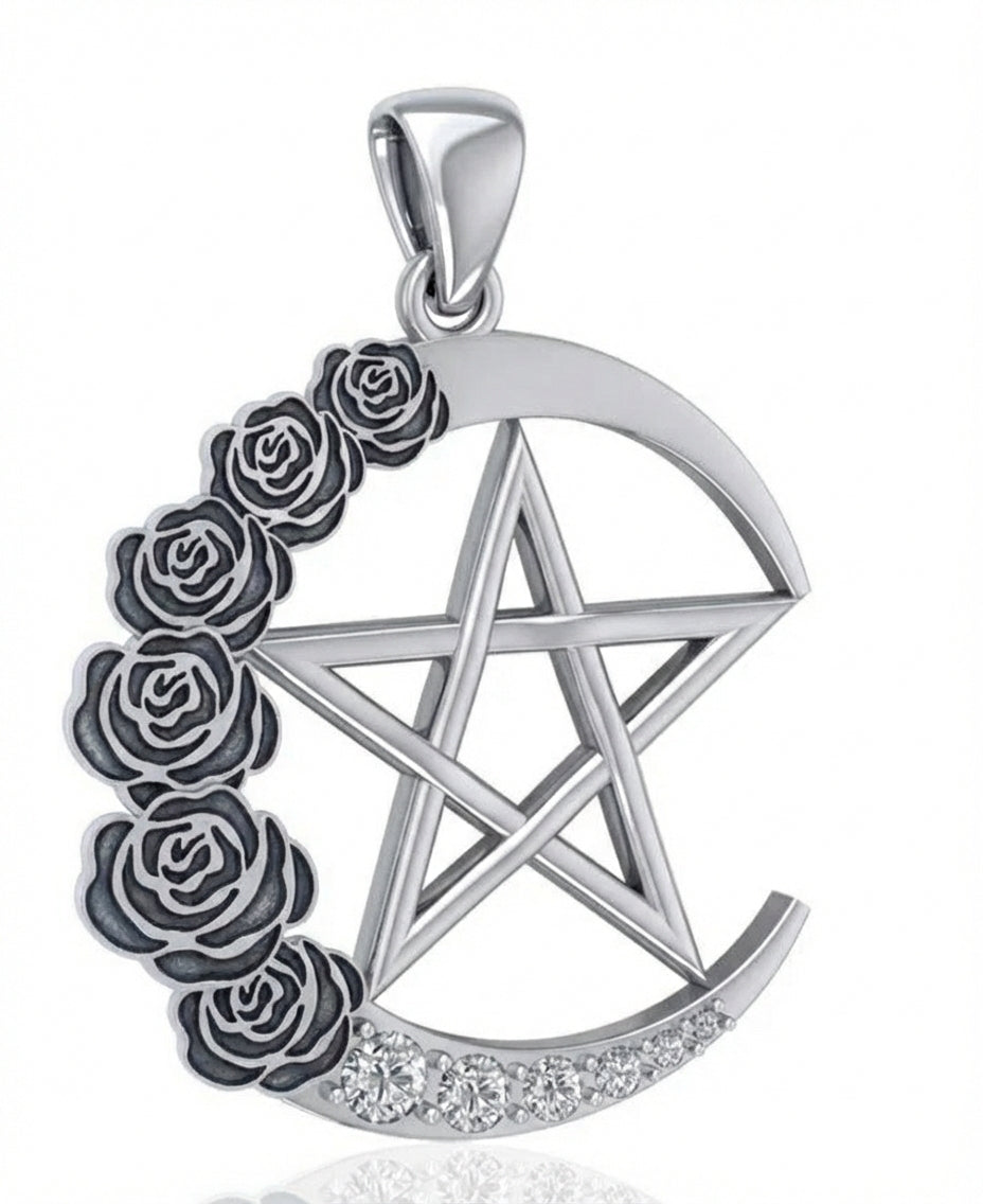 Wish Upon the Enchanting Rose Crescent Moon With Pentagram Sterling Silver Pendant TPD5044