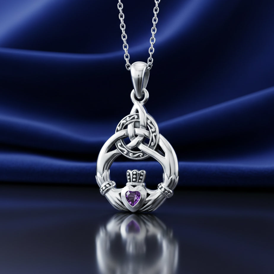 Celtic Triquetra with Claddagh Sterling Silver Pendant With Gem TPD2241