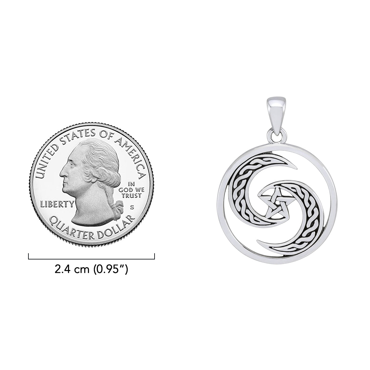 Pentagram on Crescent Moon Sterling Silver Pendant TPD4237