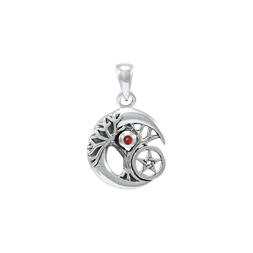 Crescent Moon Tree of Life with Pentacle Silver Pendant TPD4311