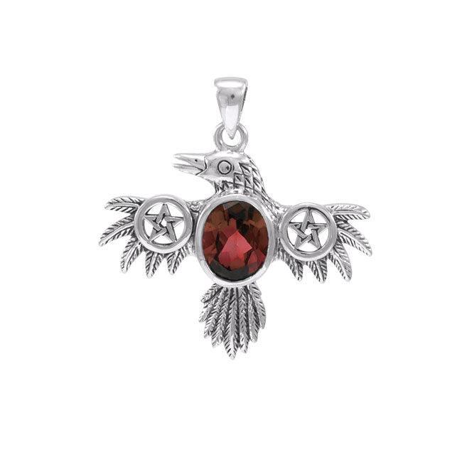 The Silver Raven Pendant with a Pentacle at the Wing and an Oval Gemstone TPD4332 - peterstone.dropshipping