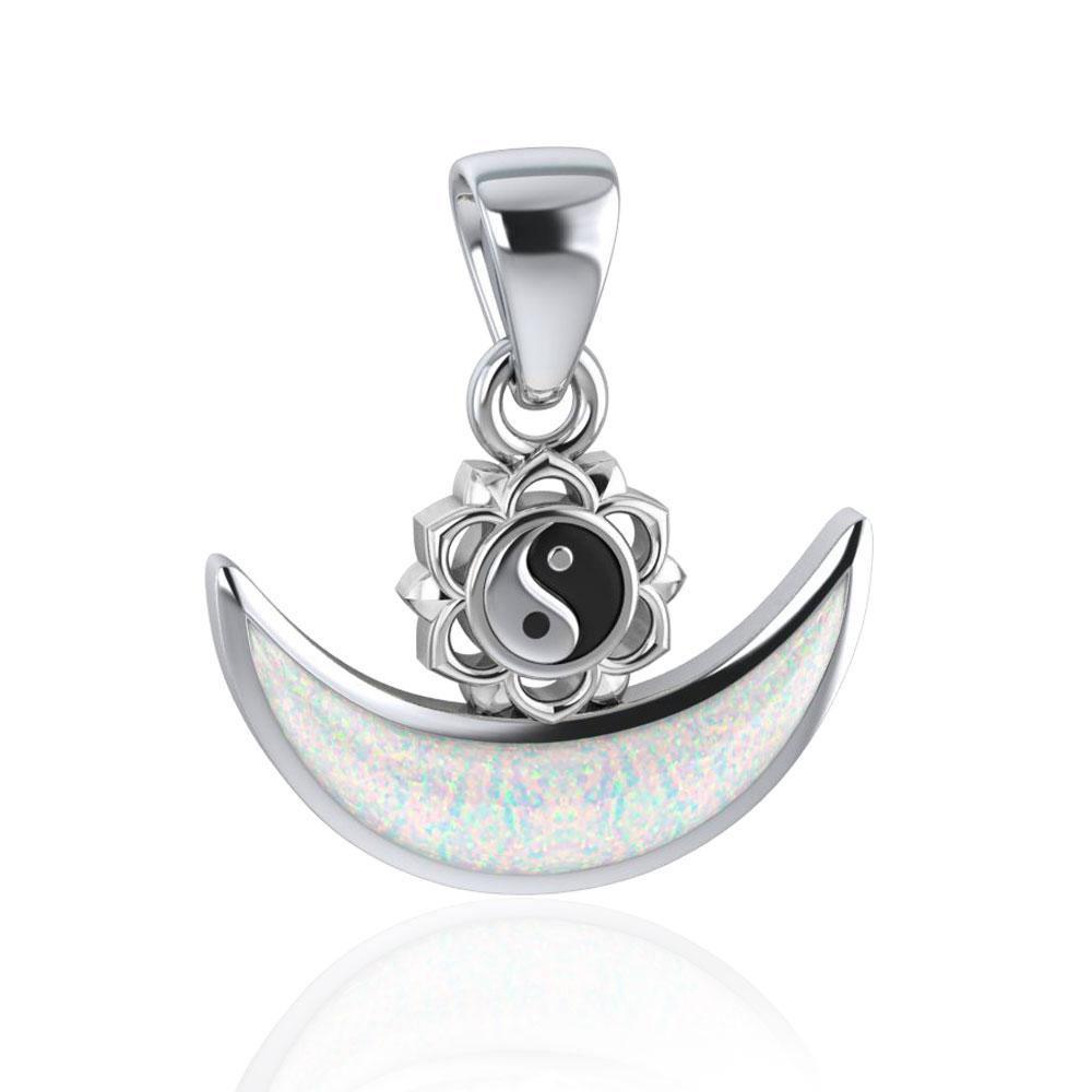 Yin Yang Symbol with inlaid Crescent Moon Sterling Silver Pendant TPD4954