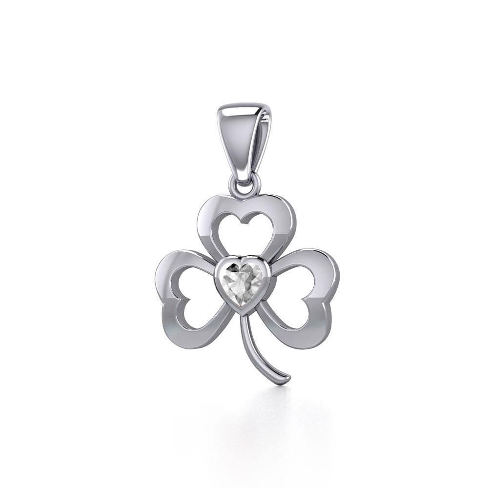 Shamrock Sterling Silver Pendant with Heart Gemstone TPD5338
