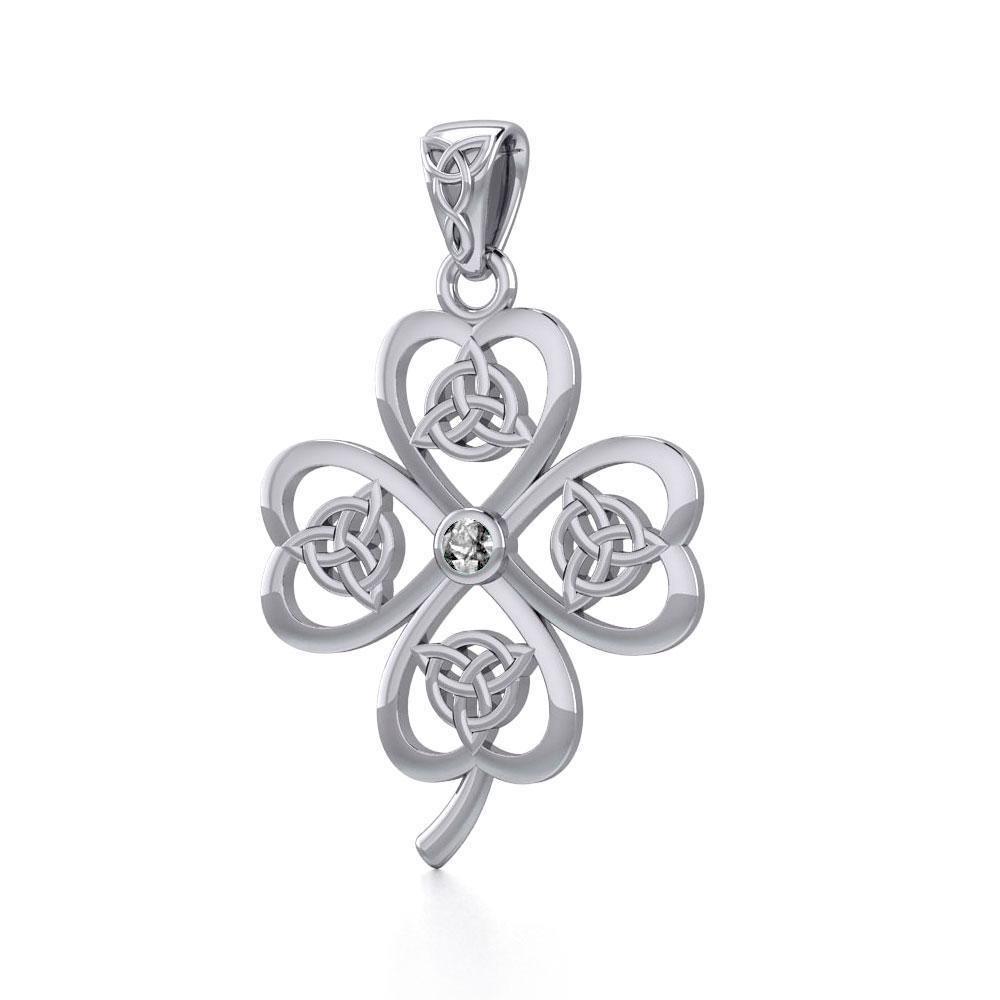 Lucky Four Leaf Clover with Triquetra Silver Pendant with Gemstone TPD5348