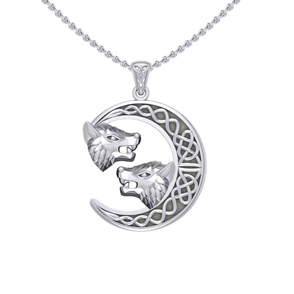 Double Wolf Heads with Celtic Crescent Moon Silver Pendant TPD5424