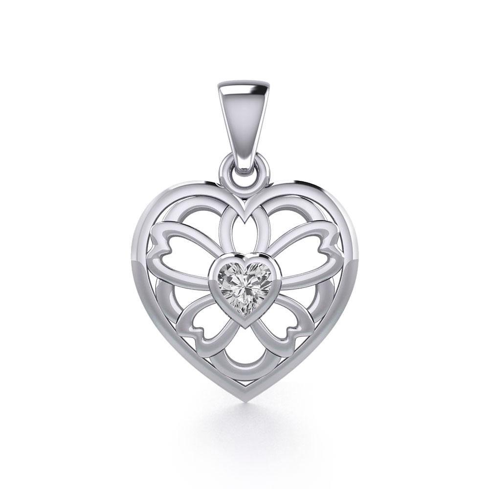 Flower in Heart Silver Pendant with Gemstone TPD5425