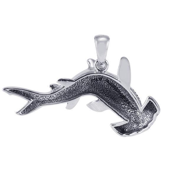Hammerhead Shark with Wave Designs Engrave into Body Silver Pendant TPD6103