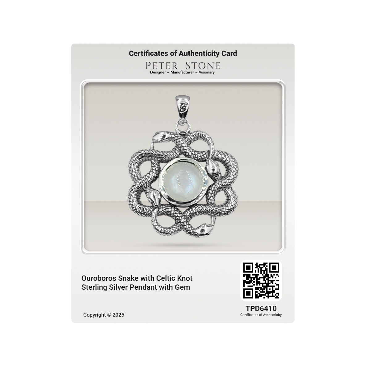 Ouroboros Snake with Celtic Knot Sterling Silver Pendant with Gem TPD6410