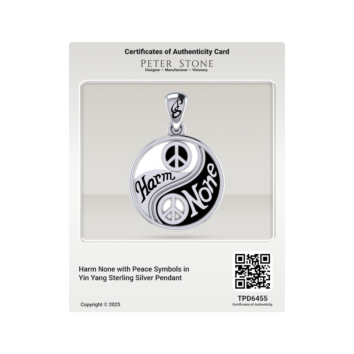 Harm None with Peace Symbols in Yin Yang Sterling Silver Pendant TPD6455