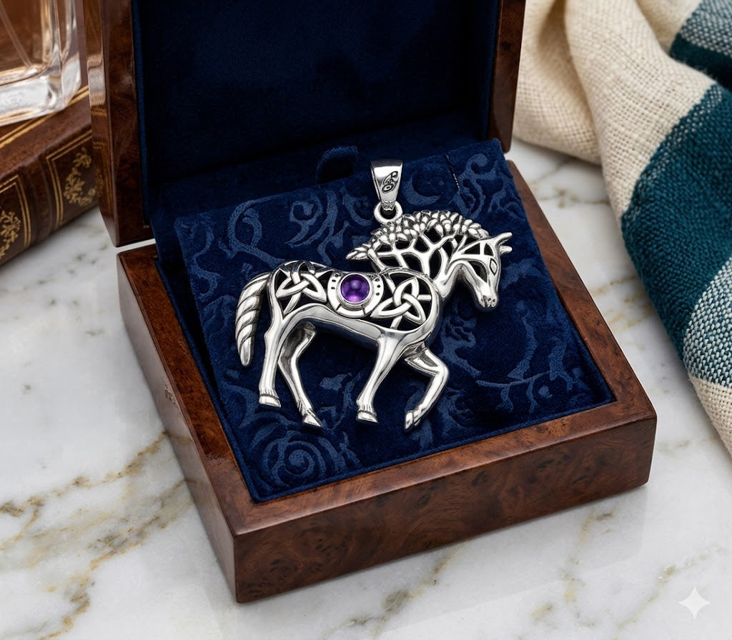 Double Sided Celtic Horse with Tree of Life snf Horseshoe with Gemstone Sterling Silver Pendant TPD6494