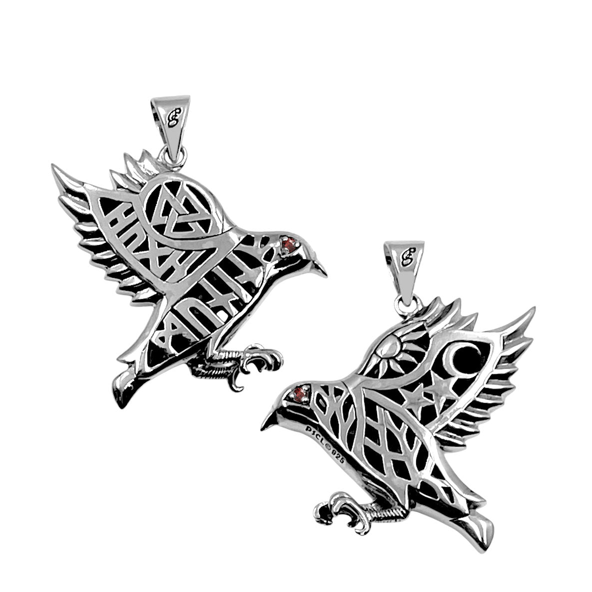 Odin's Raven with Rune Symbols Sterling Silver Pendant with Gemstone Eye TPD6500