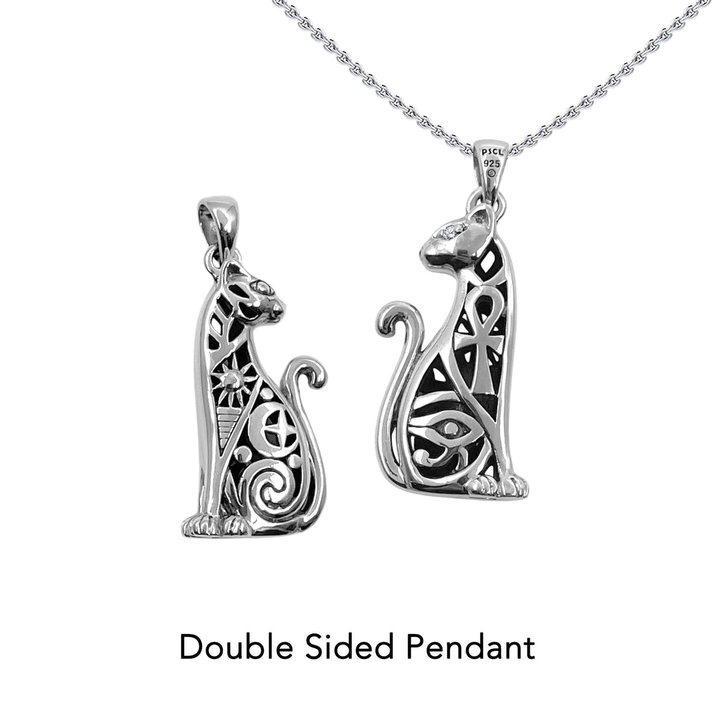 Egyptian Spirit Cat with Tree of Life and Eye of Horus Sterling Silver Pendant with Gemstone Eyes TPD6501