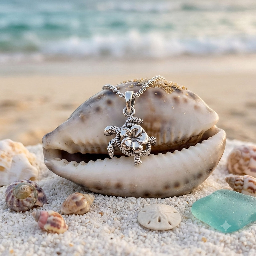 Sea Turtle And Flower Sterling Silver Pendant TPD6616