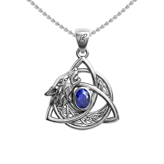 Celtic Wolf with Triquetra and Gemstone Sterling Silver Pendant TPD6671