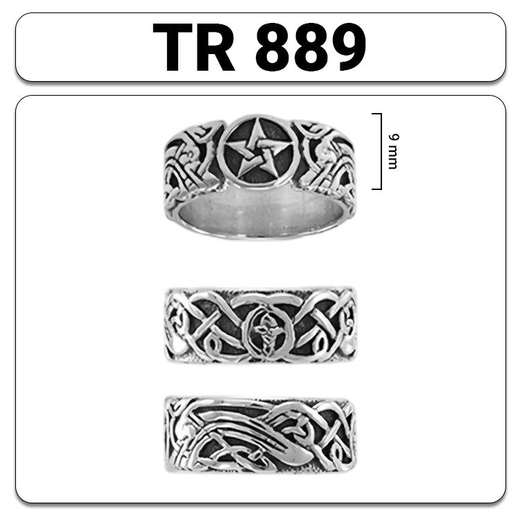 Pentagram Pentacle And Dragon Sterling Silver Ring TR889