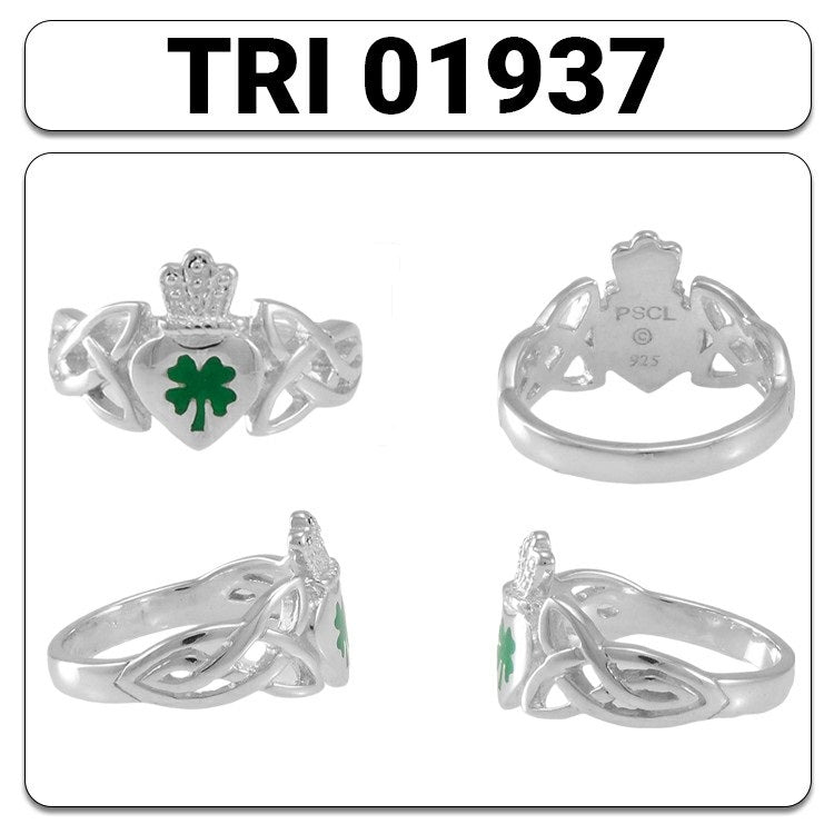 Celtic Claddagh with Lucky Four Leaf Clover Sterling Silver Ring with Enamel TRI1937