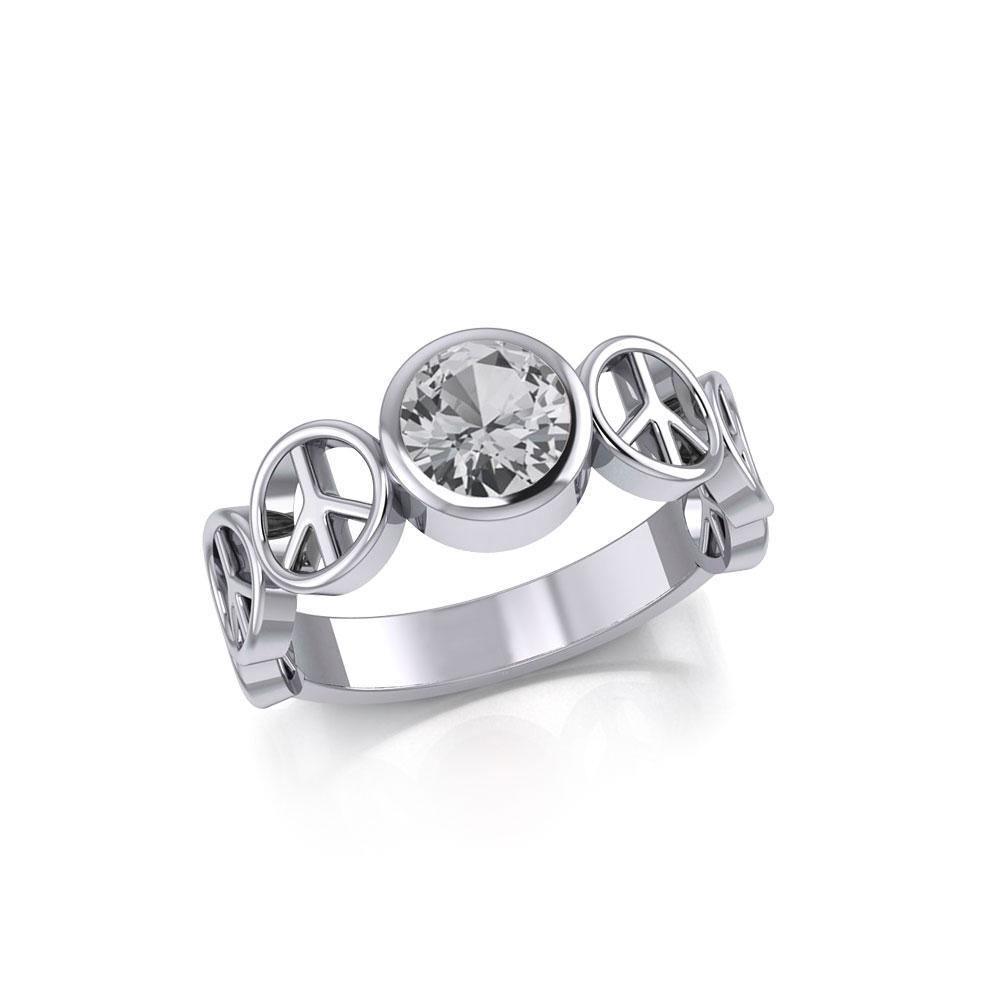 Peace Symbol Silver Band Ring With Gemstone TRI1916