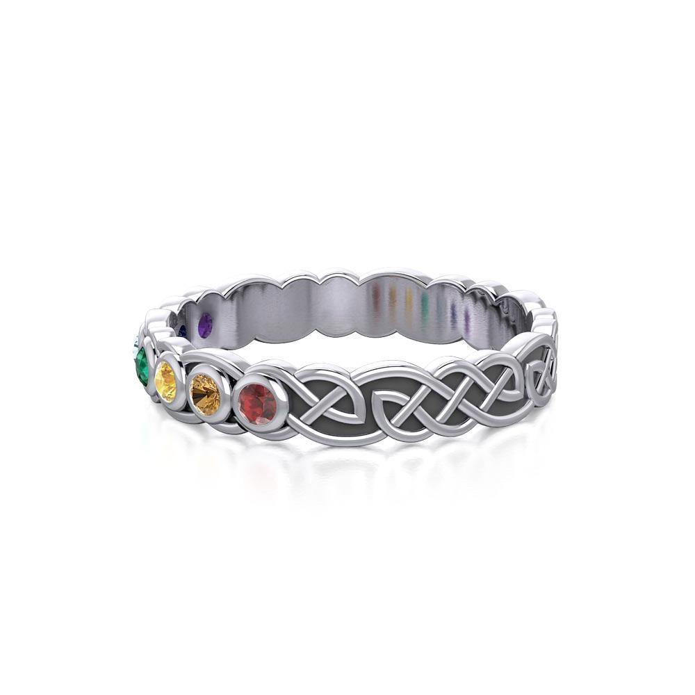 Celtic Knot Silver Band Ring with Chakra Gemstones TRI1919