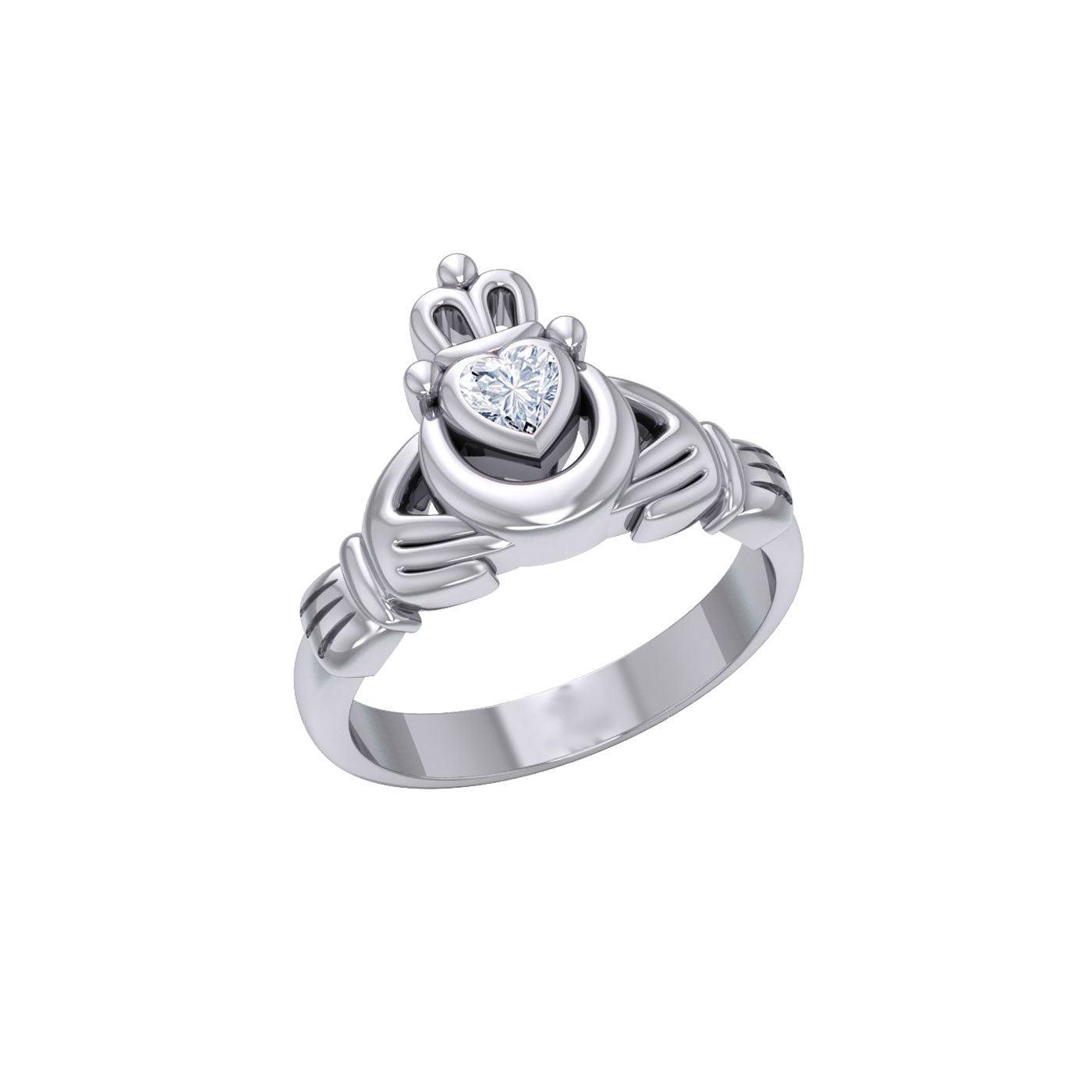 Claddagh with Crescent Moon Silver Ring with Heart Gemstone TRI2410 - peterstone.dropshipping