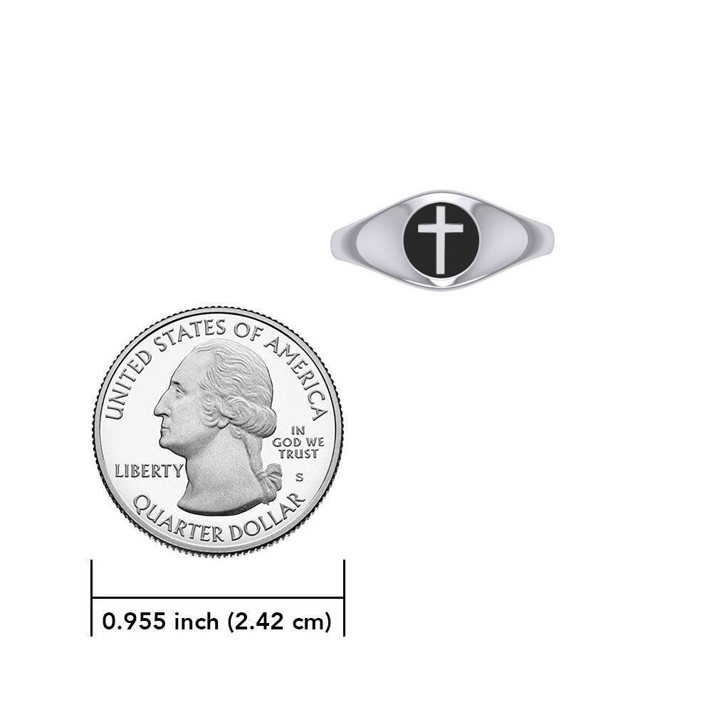 Spiritual Elegance Sterling Silver Faith Cross Women Ring with Black Accent by Peter Stone Jewelry TRI2474