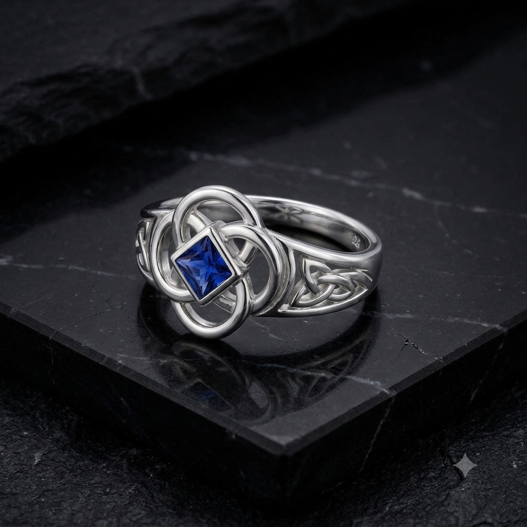 Celtic Flower with Square Gemstone Sterling Silver Ring TRI2623