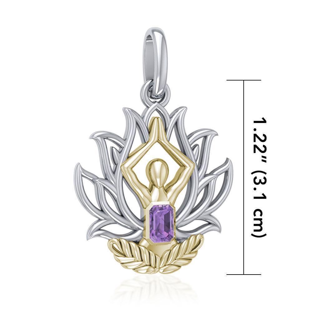 Yoga Lotus Position Silver and Gold Pendant with Gemstone MPD5024