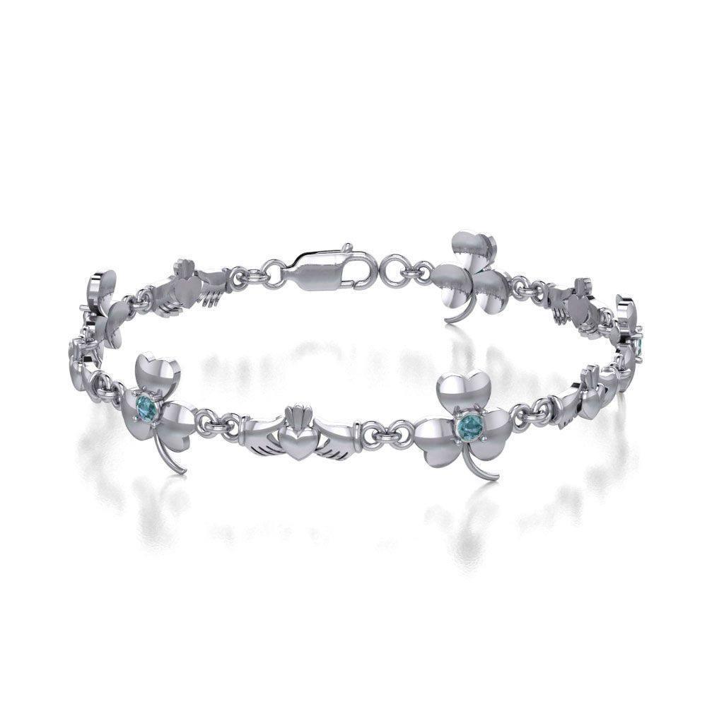 Celtic Irish Claddagh & Shamrock Sterling Silver Link Bracelet With Gems TBL085