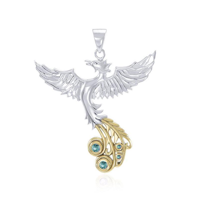 Soar as high as the Flying Phoenix ~ Sterling Silver Jewelry Pendant with 14k Gold and Crystal Accents MPD2912 Pendant