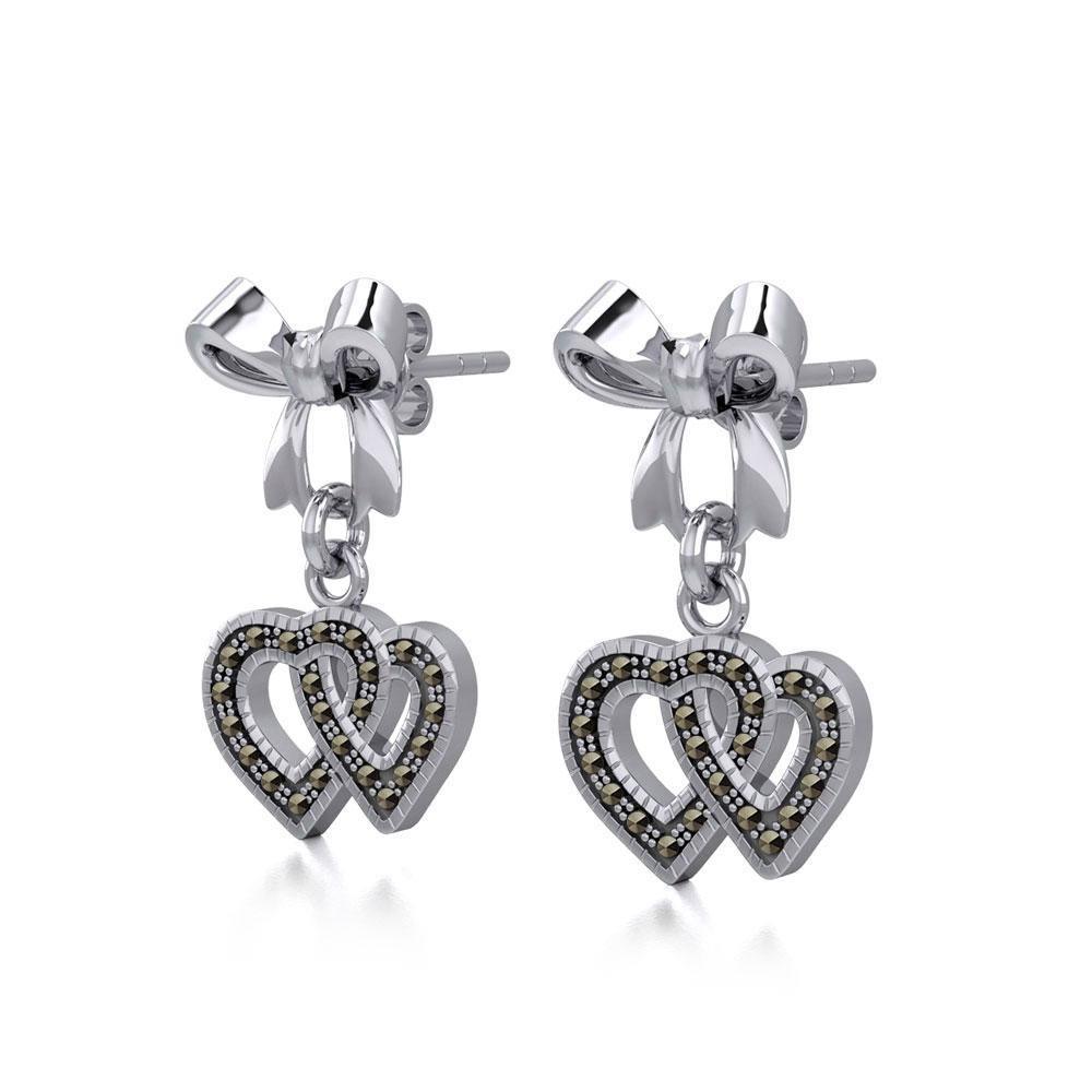 Ribbon with Dangling Marcasite Double Heart Silver Post Earrings TER1862 Earrings