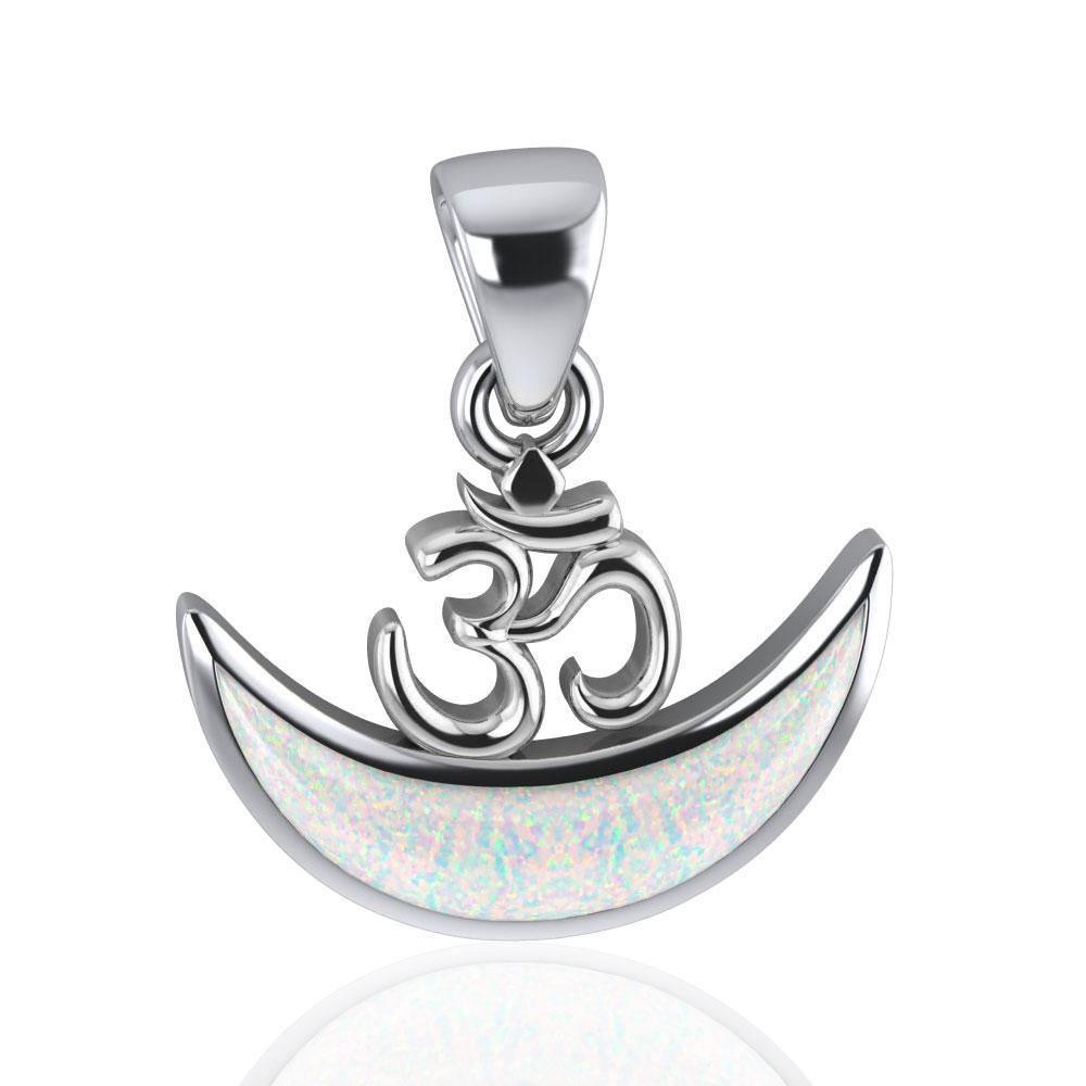 Om Symbol with inlaid Crescent Moon Sterling Silver Pendant TPD4953 Pendant