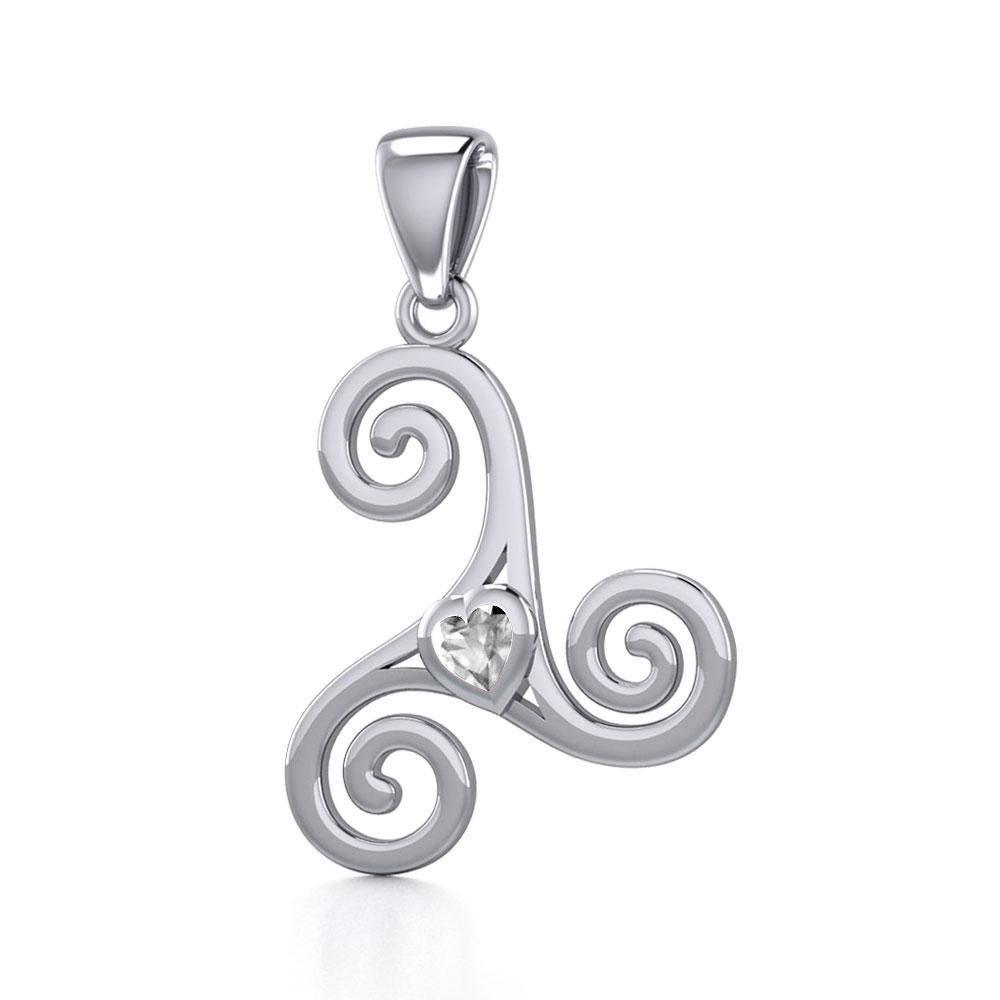 Celtic Spiral Triskele Silver Pendant with Heart Gemstone TPD5335 Pendant
