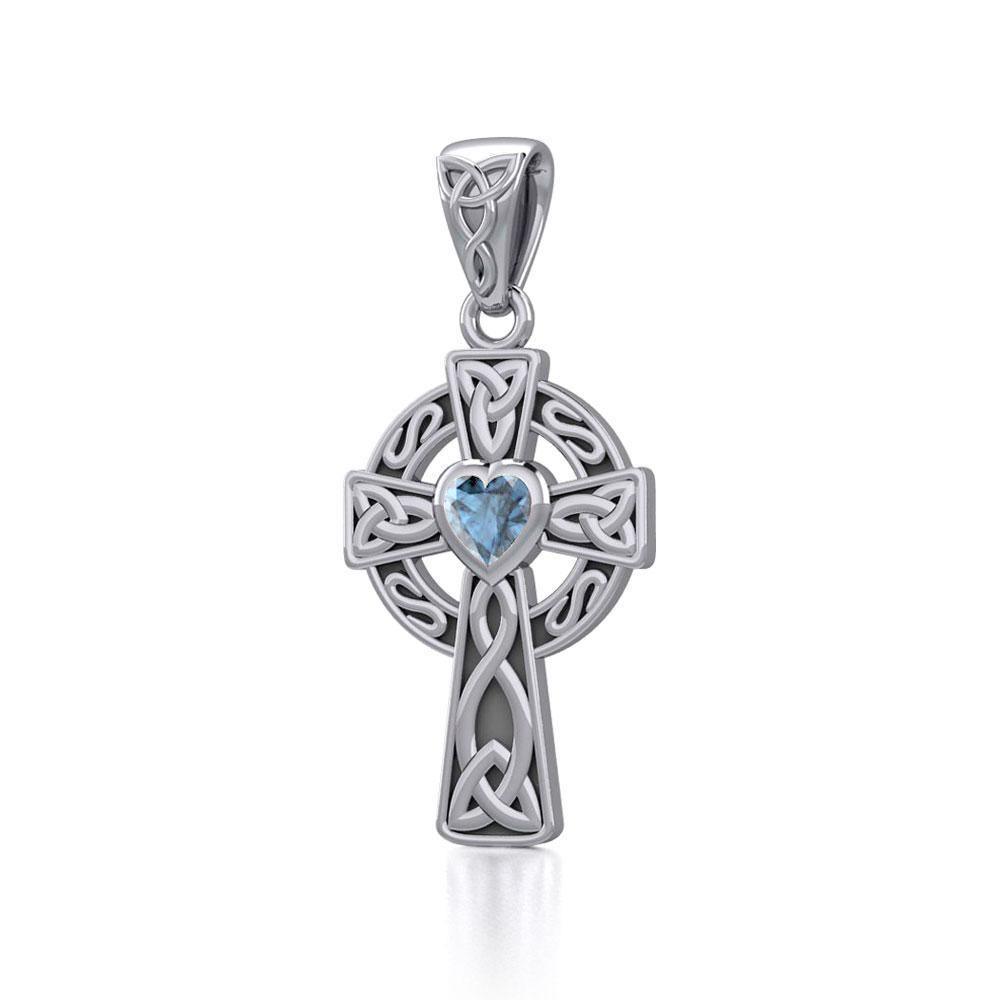Celtic Cross Silver Pendant with Heart Gemstone TPD5337 Pendant