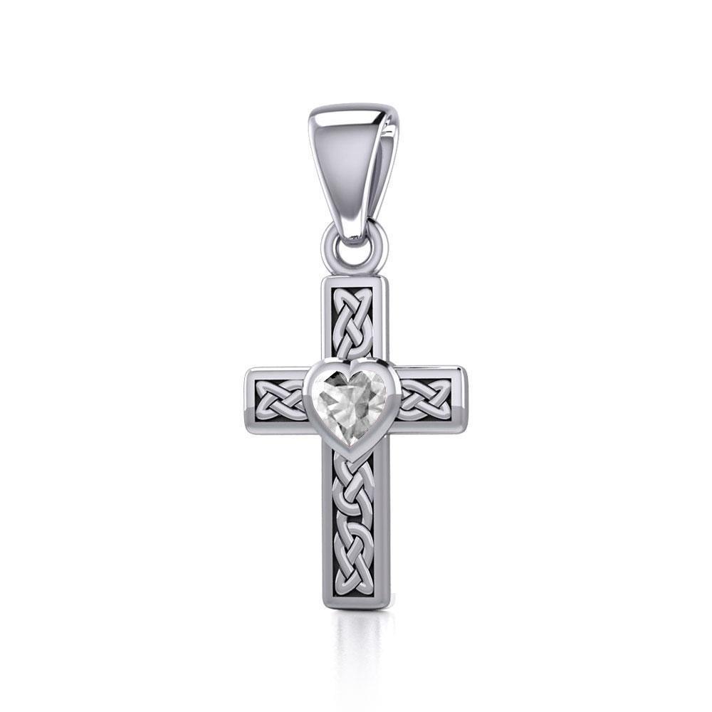 Celtic Cross Silver Pendant with Heart Gemstone TPD5347 Pendant