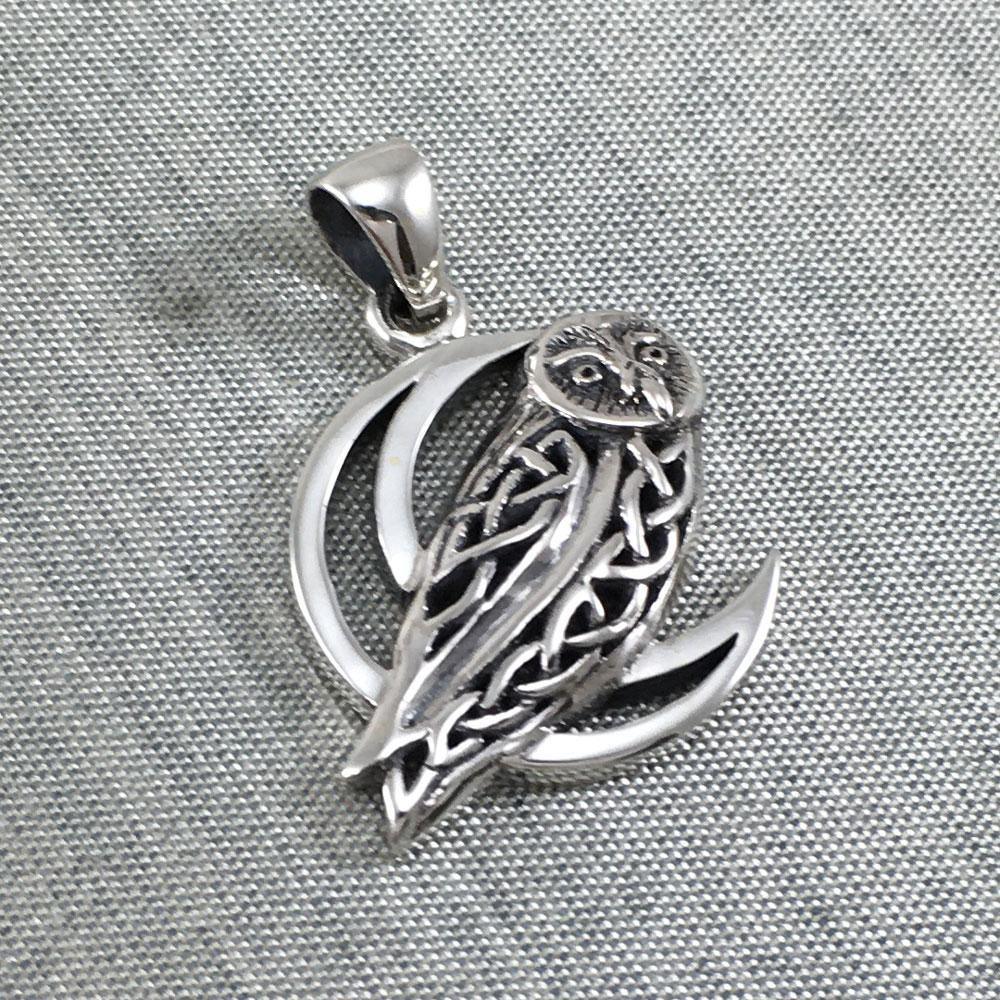 Celtic Owl on Crescent Moon Silver Pendant TPD5714 - Wholesale Jewelry