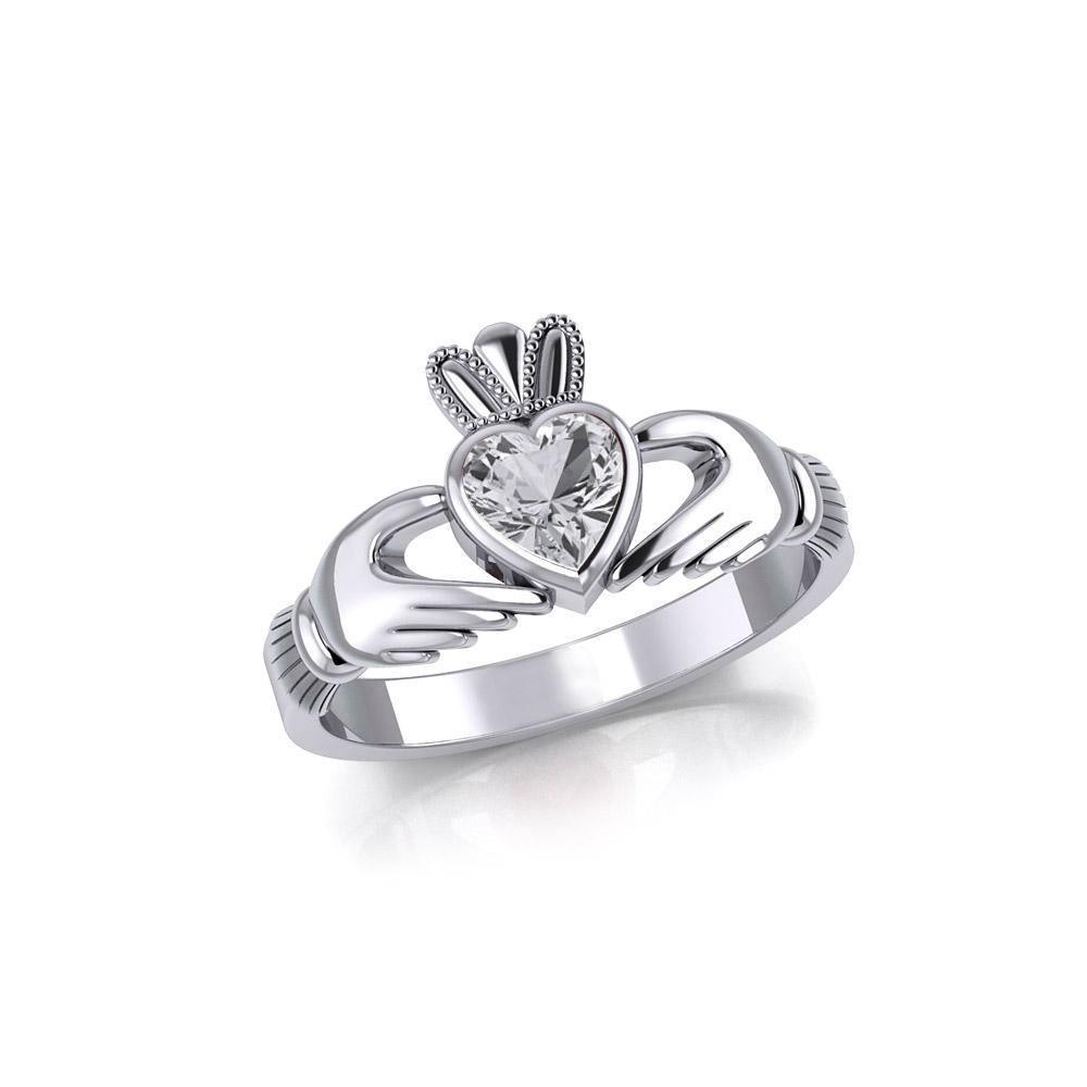 Irish Claddagh Silver Ring with Large Gemstone TRI1901 Ring