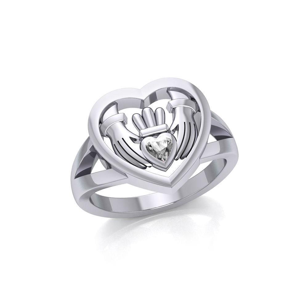 Claddagh in Heart Silver Ring with Gemstone TRI1933 Ring