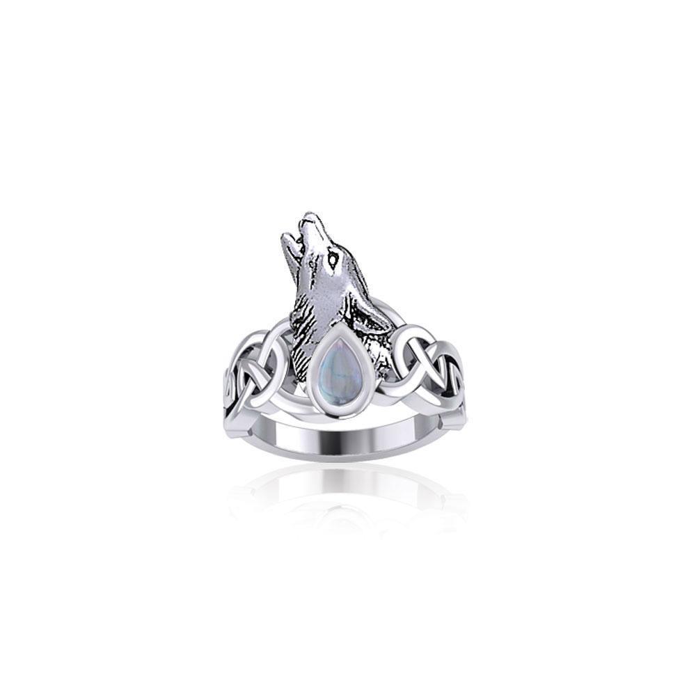 Celtic Howling Wolf Silver Ring with Gem TRI2167 - Wholesale Jewelry