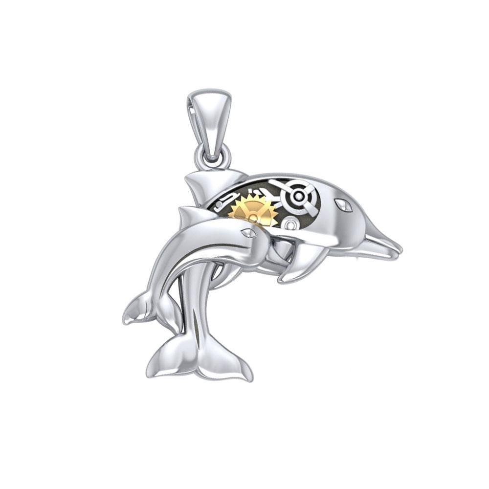 Gentle dolphins in steampunk ~ Sterling Silver Jewelry Pendant with 14k Gold Accent Pendant